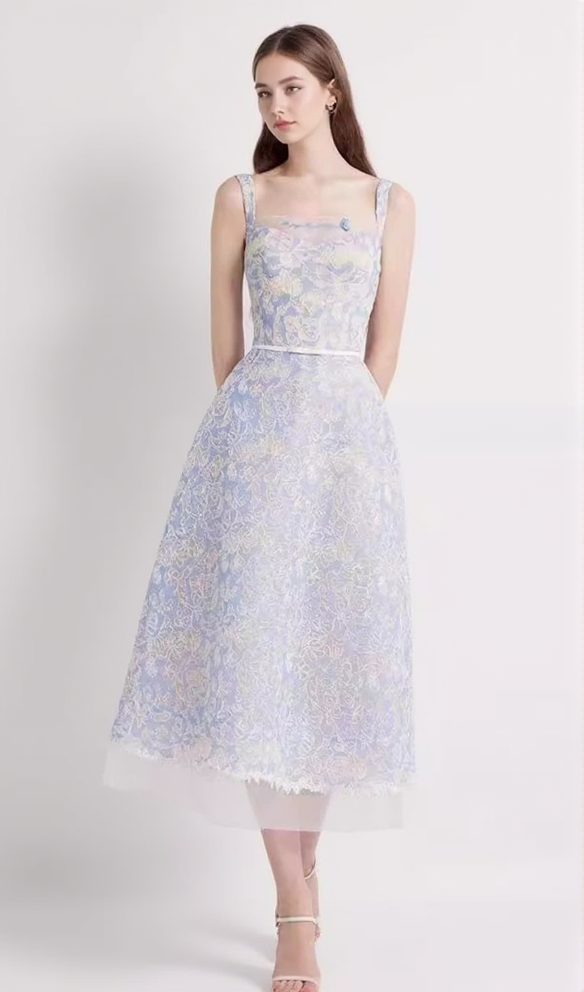 AIIZIE A-LINE SQUARE NECK EMBROIDERED LACE MIDI DRESS IN BLUE - product image