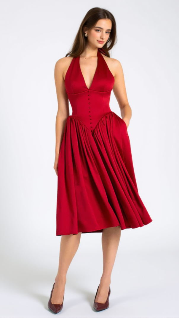 AIIZIE WENDY PLUNGING HALTER BACKLESS MAXI DRESS IN RED - product image