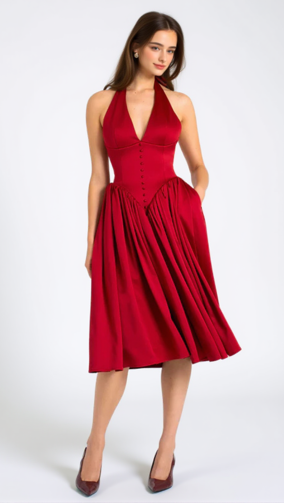 WENDY PLUNGING HALTER BACKLESS MAXI DRESS IN RED