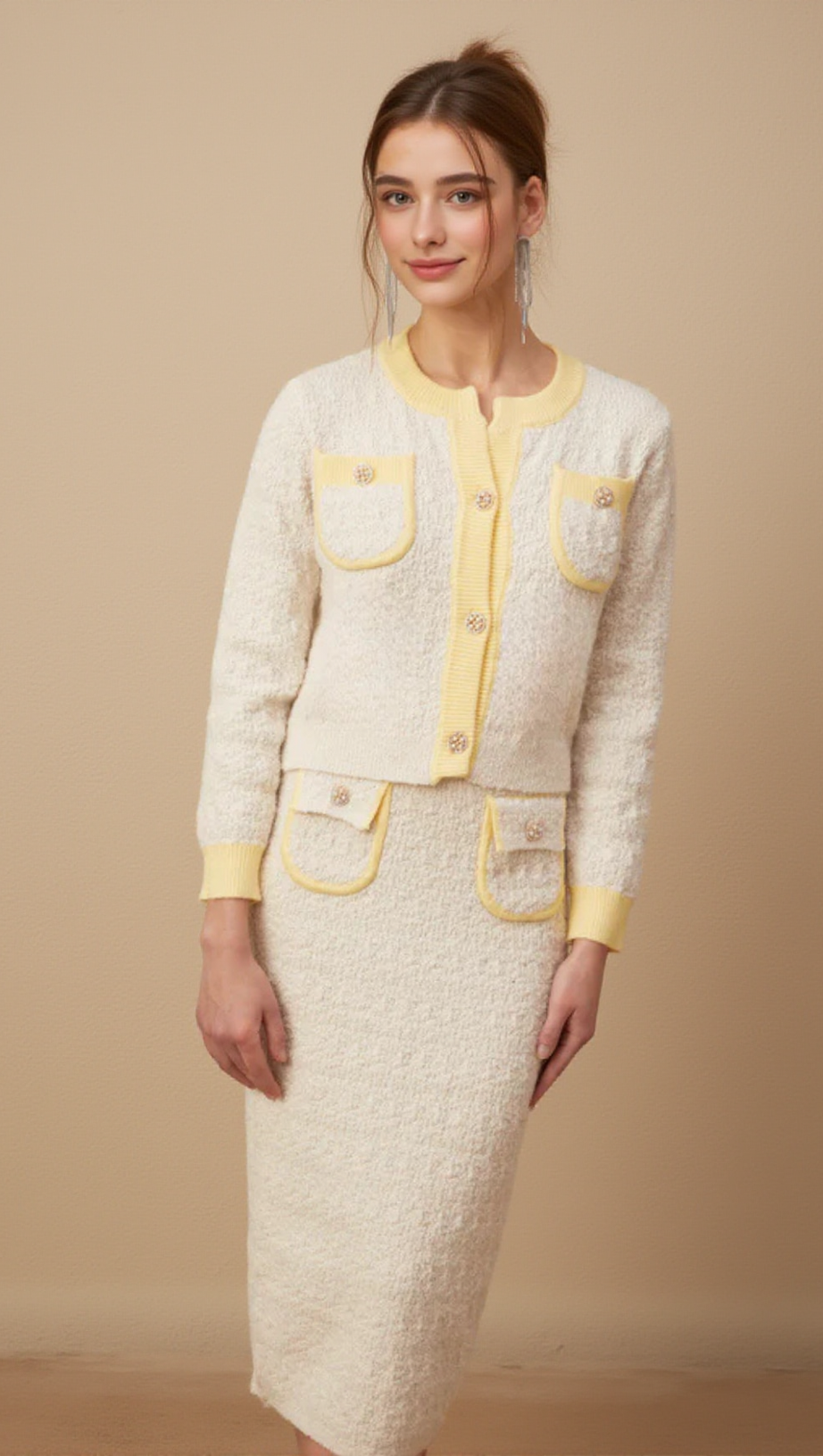 JESSIE WHITE TEXTURED KNIT CARDIGAN & SKIRT MATCHING SET