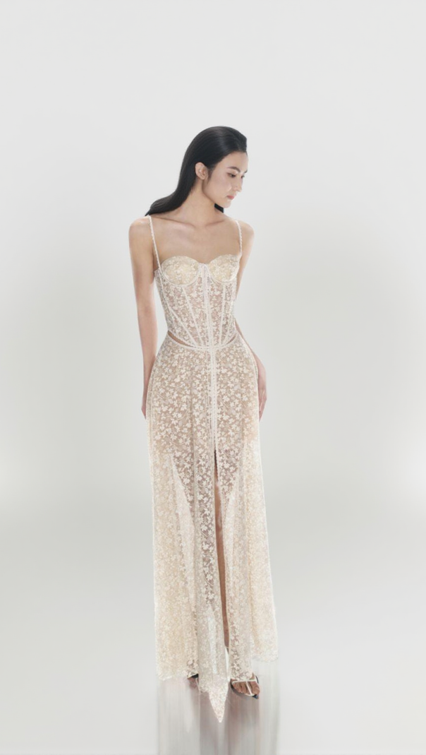 AIIZIE TESS LACE STITCHING HOLLOW SLIT MAXI DRESS IN APRICOT - product image