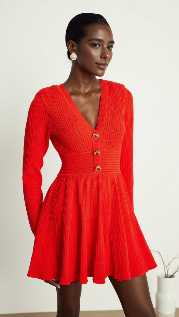 AIIZIE VICTORIA POINTELLE KNIT MINI DRESS IN RED - product image