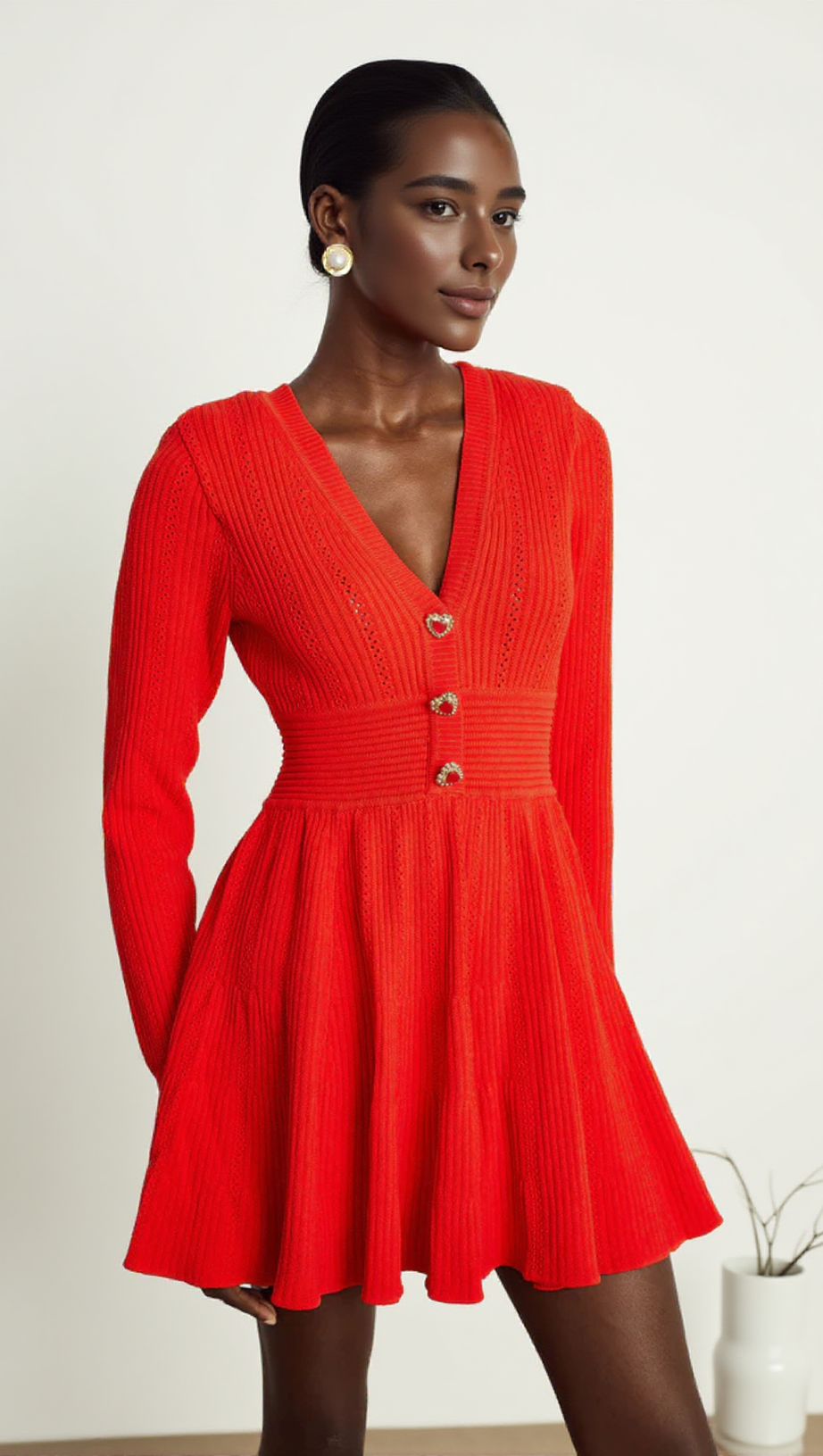 VICTORIA POINTELLE KNIT MINI DRESS IN RED