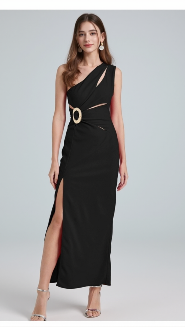 AIIZIE ONE-SHOULDER CUTOUT SIDE SLIT MAXI DRESS IN BLACK - product image