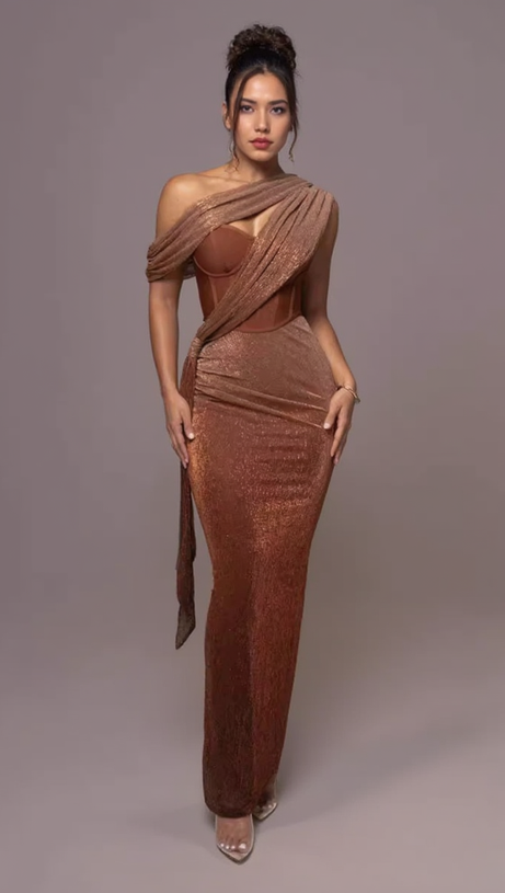 ONE SHOULDER DRAPED GLITTER BROWN CORSET OPEN BACK MAXI DRESS