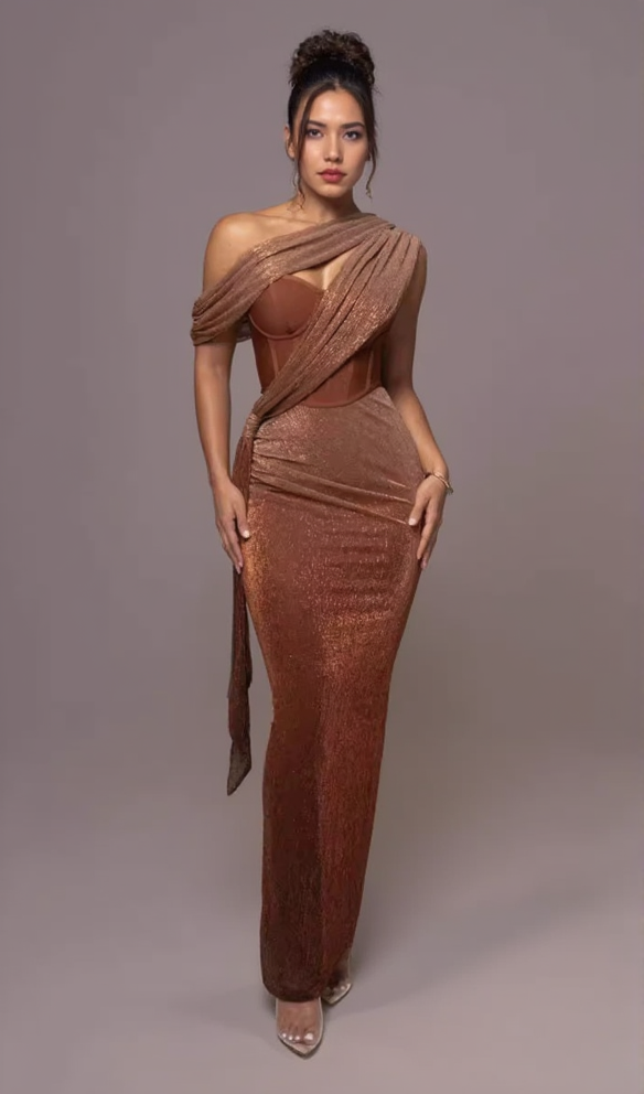 AIIZIE ONE SHOULDER DRAPED GLITTER BROWN CORSET OPEN BACK MAXI DRESS - product image