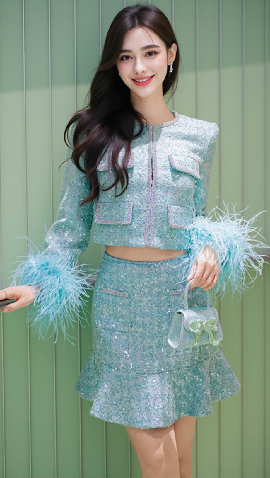 STEPHANIE BOUCLE FEATHER JACKET SUIT IN GREEN