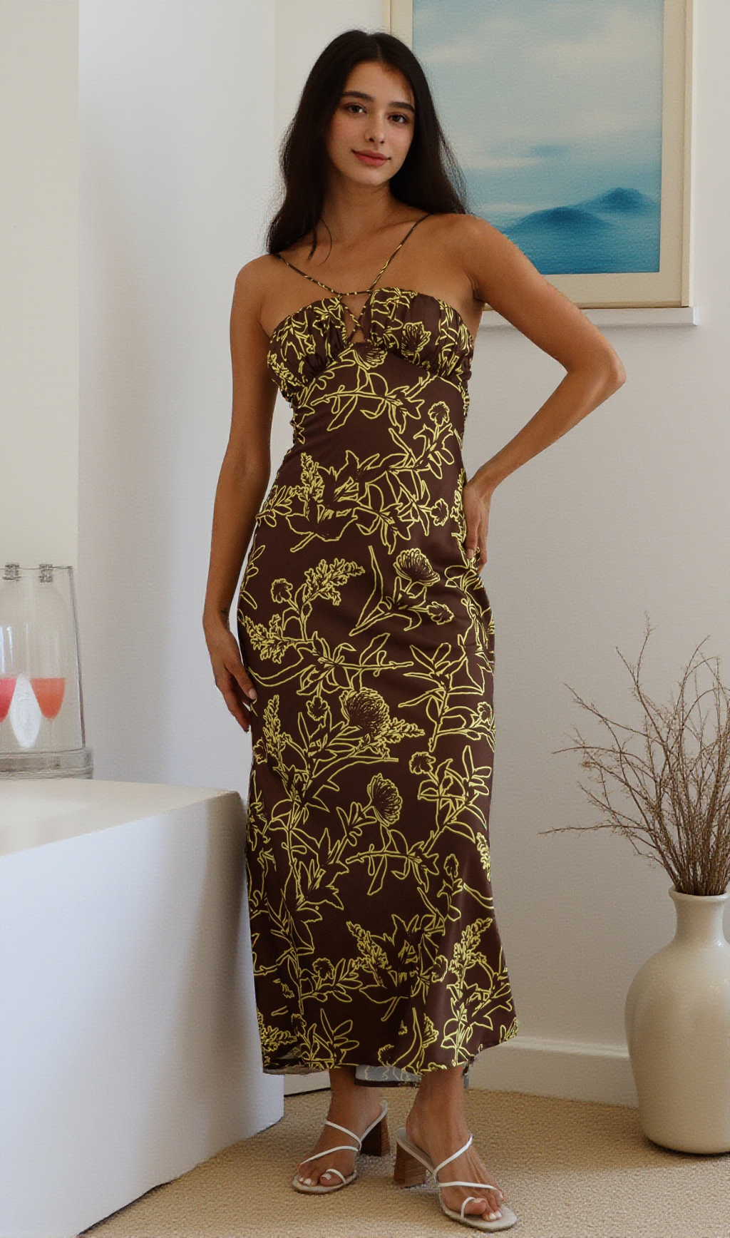 PRINT SATIN MAXI DRESS IN BROWN