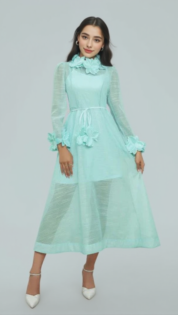 AIIZIE VICKY FLOWER EMBELLISHED LACE MIDI DRESS IN GREEN - product image