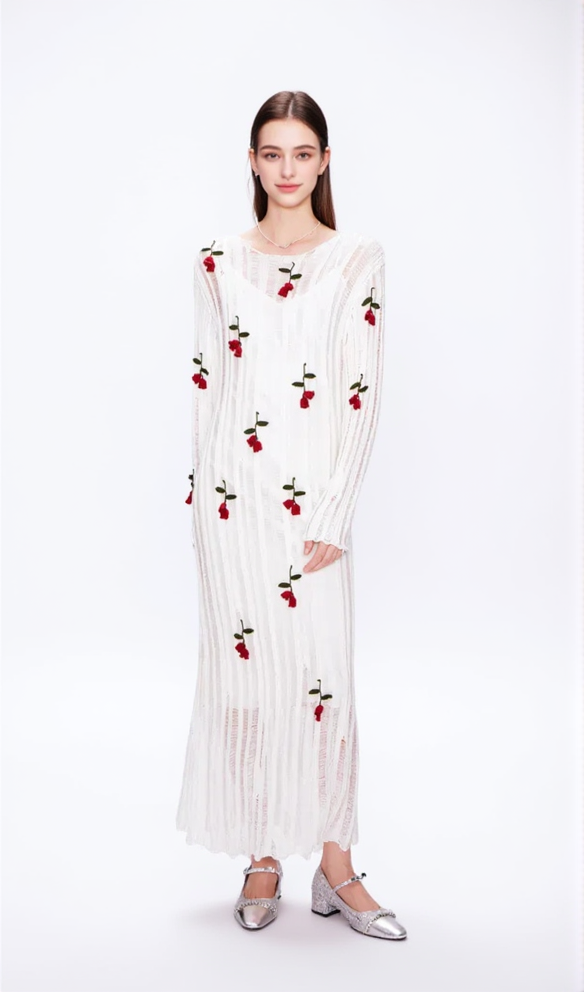 HILARIA ROSE HANDCRAFTED KNIT MIDI DRESS IN  WHITE