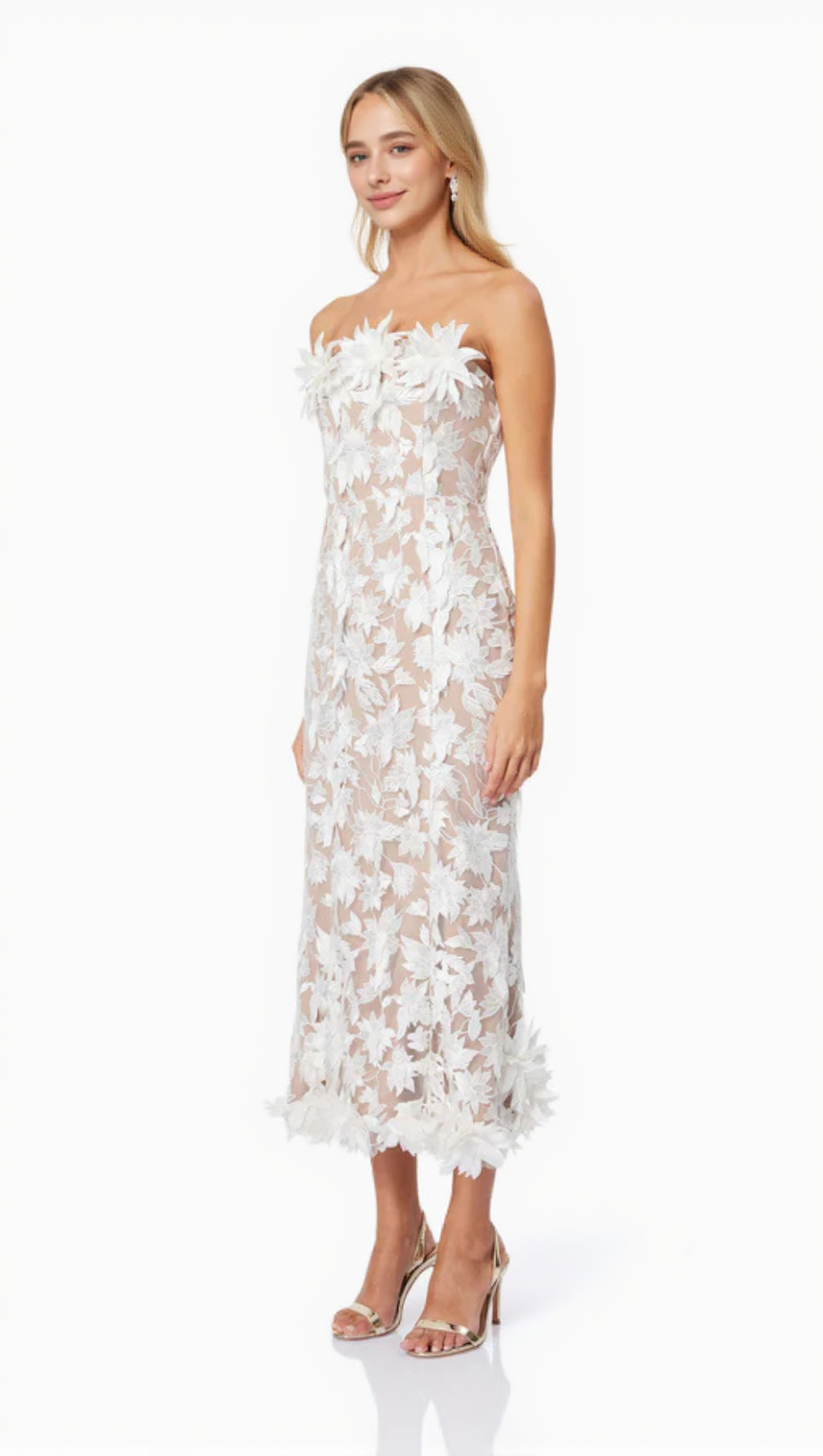 3D FLOWER EMBROIDERY STRAPLESS MIDI DRESS IN BEIGE