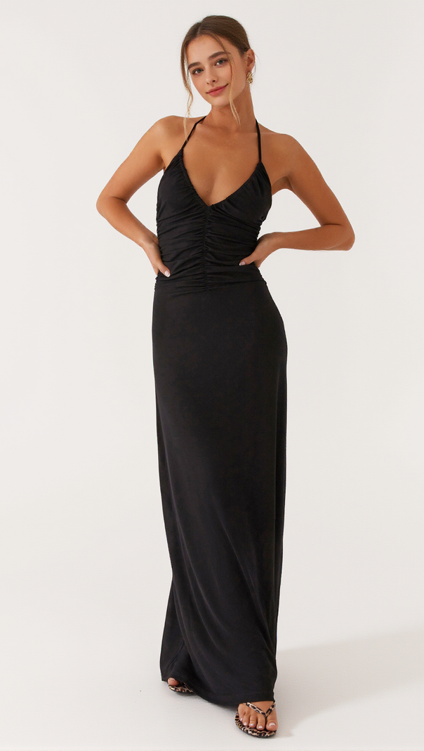 AIIZIE V-NECKLINE PLEATED BODYCON MAXI DRESS IN BLACK - product image