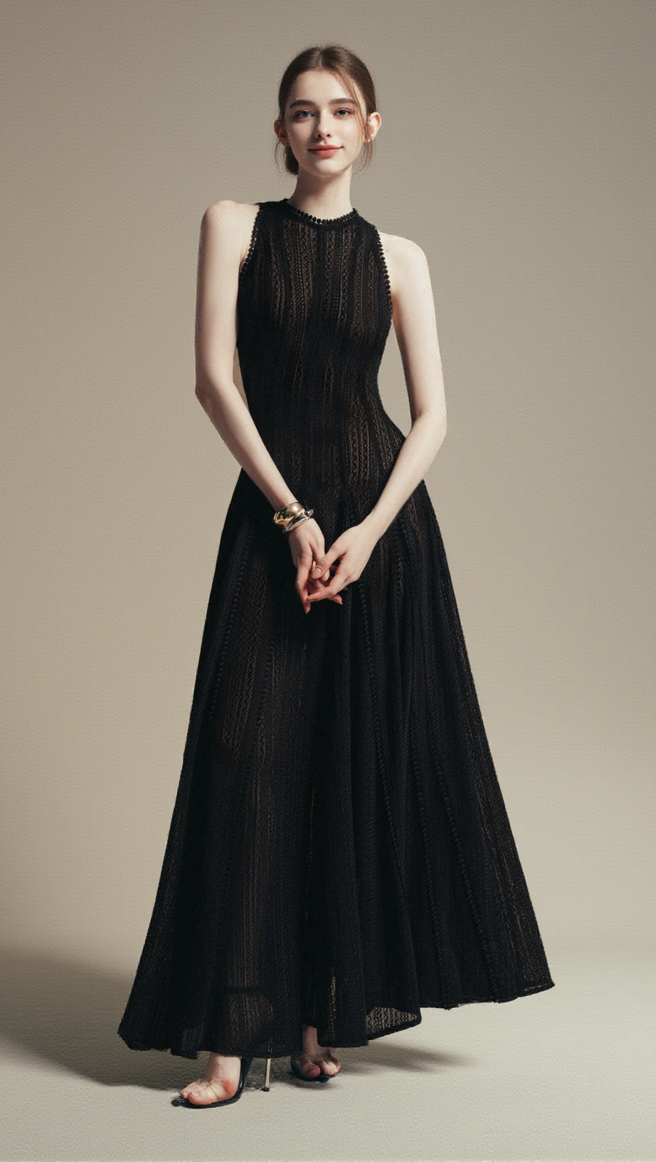 SLEEVELESS LACE CROCHET MAXI DRESS IN BLACK