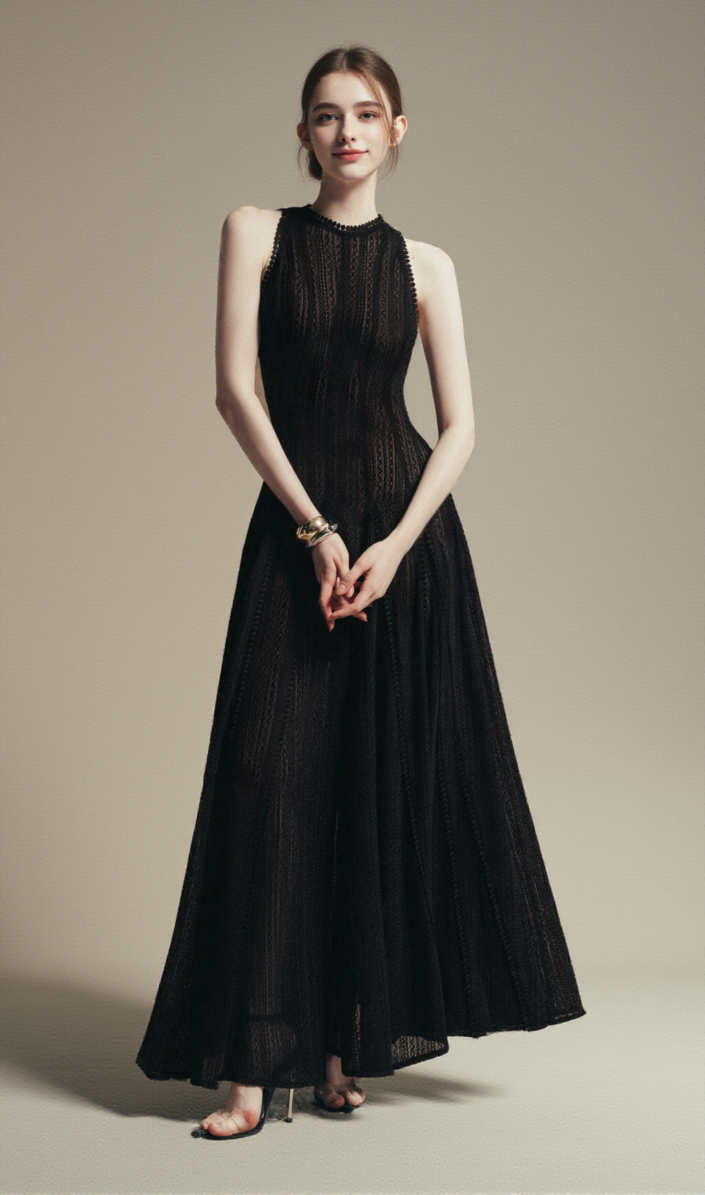 SLEEVELESS LACE CROCHET MAXI DRESS IN BLACK