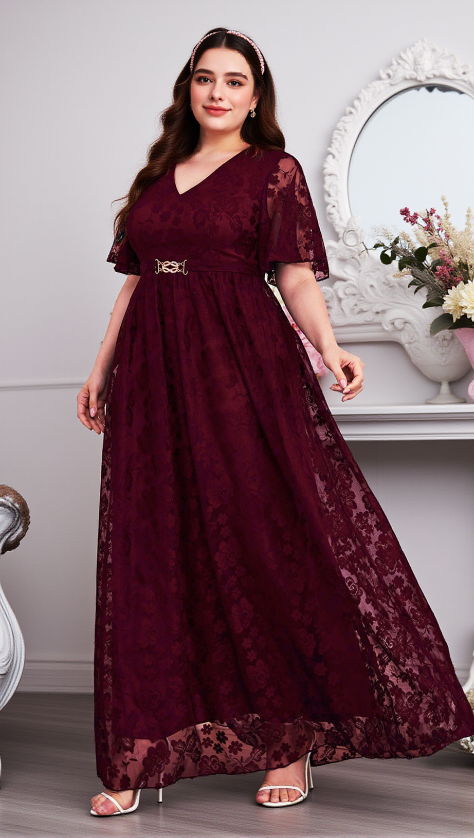 Priscilla Maxikleid mit V-Ausschnitt und Spitze 