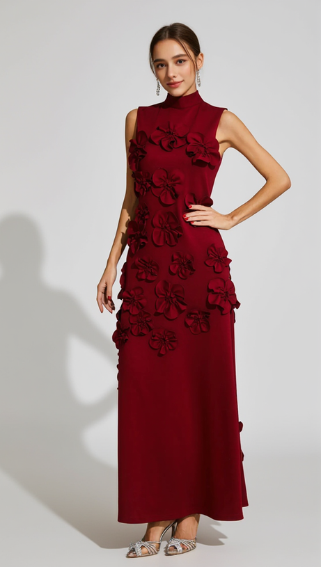 ANNONA RED FLOWER EMBELLISHED MAXI DRESS