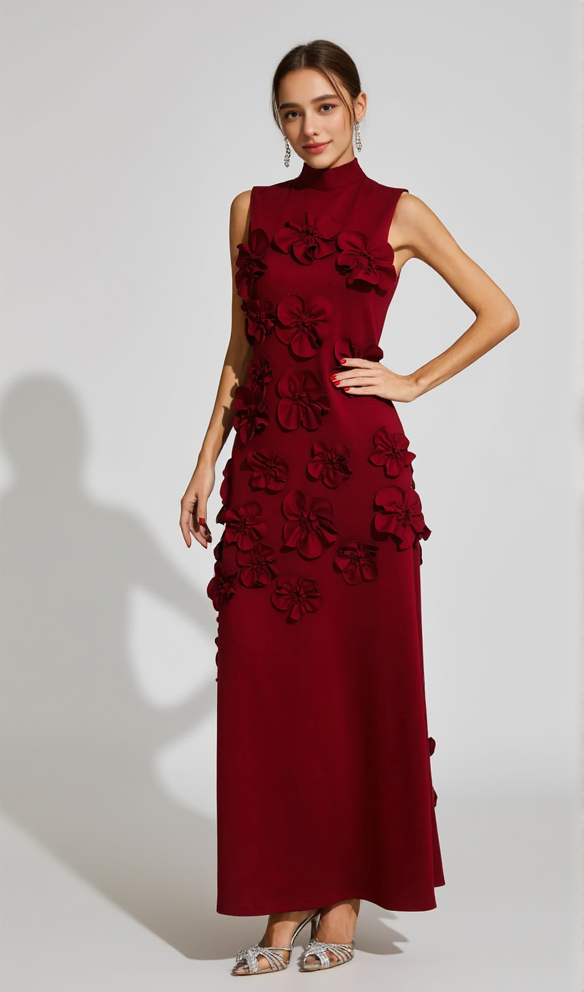 AIIZIE ANNONA RED FLOWER EMBELLISHED MAXI DRESS - product image