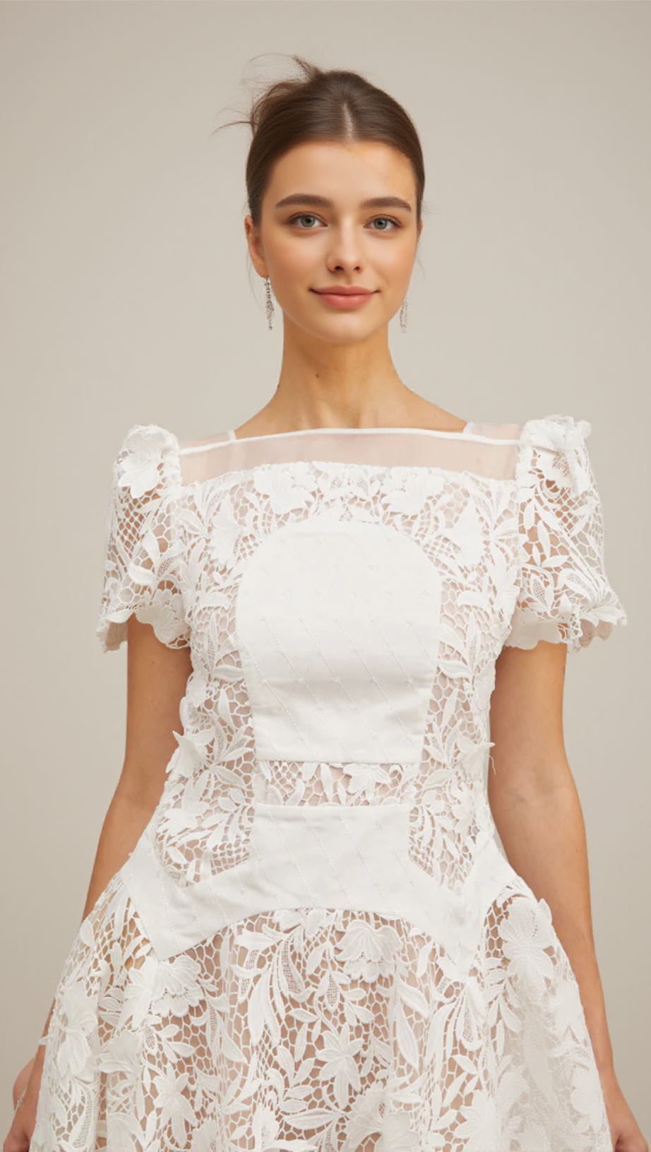 ROSE SLEEVE LACE HOLLOW MINI DRESS IN WHITE