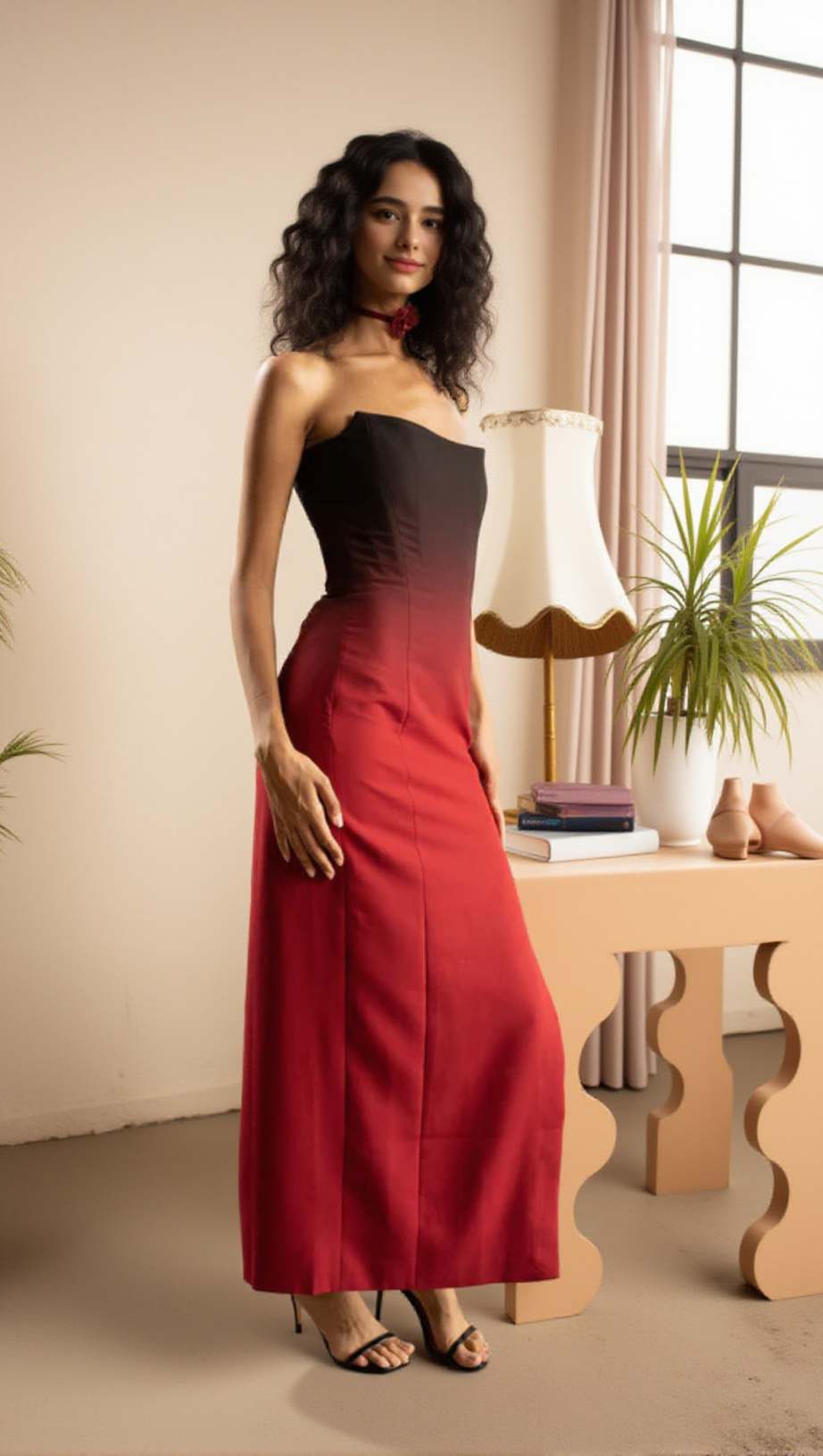 STRAPLESS OMBRÉ MAXI DRESS – BLACK TO RED