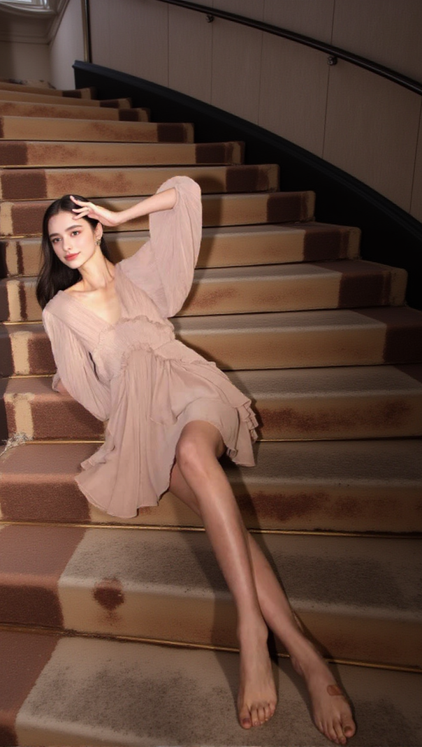 AIIZIE V-NECK LANTERN SLEEVE PLEATED MIDI DRESS IN PALE COFFEE - product image
