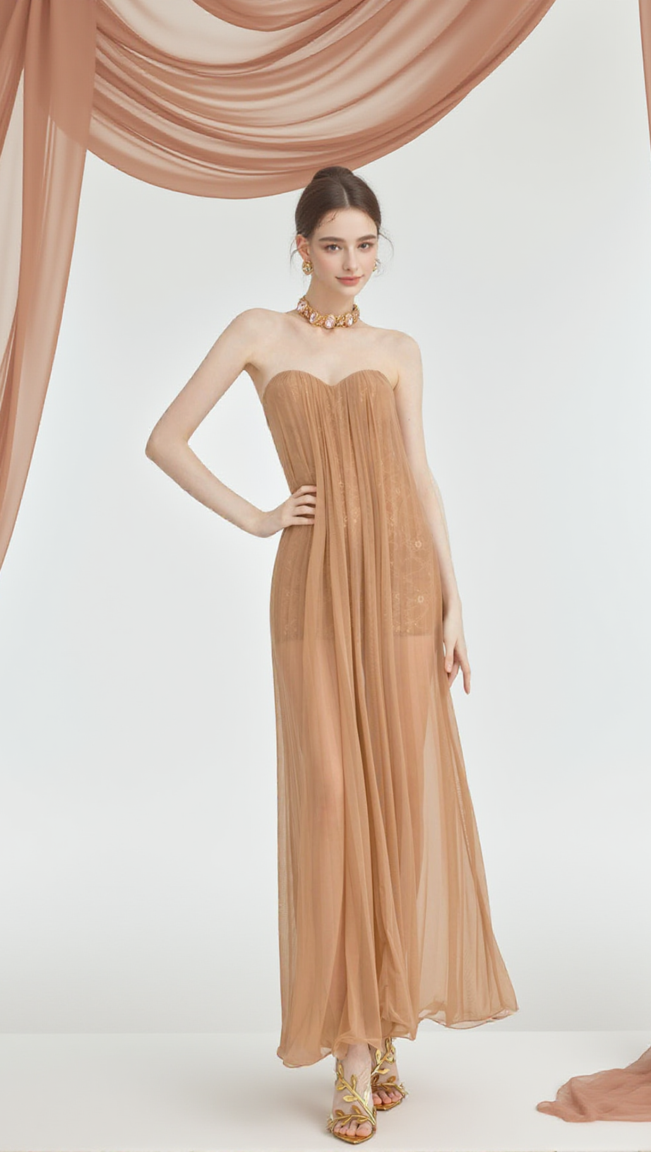 THEA STRAPLESS MESH BACKLESS MAXI DRESS IN BROWN
