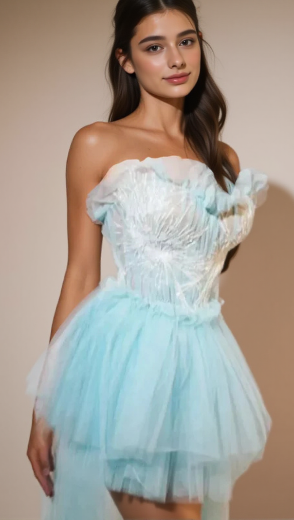 ABITO IN TULLE CON VOLANT SENZA SPALLINE KALENE BLU