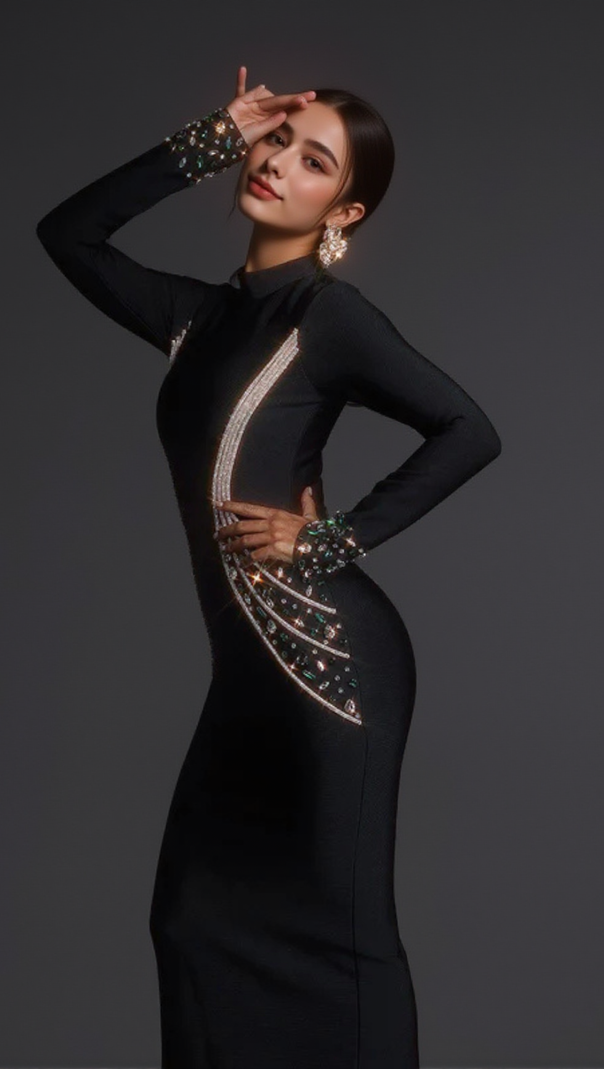 AIIZIE ASHLEY CRYSTAL EMBELLISHED BODYCON MAXI DRESS IN BLACK - product image