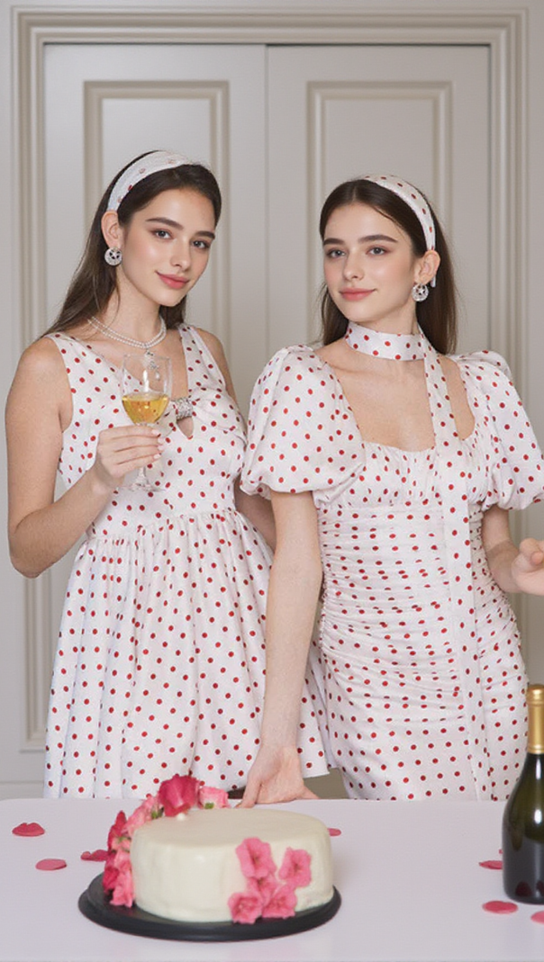 AIIZIE RED POLKA DOT BUBBLE SLEEVE MIDI DRESS - product image