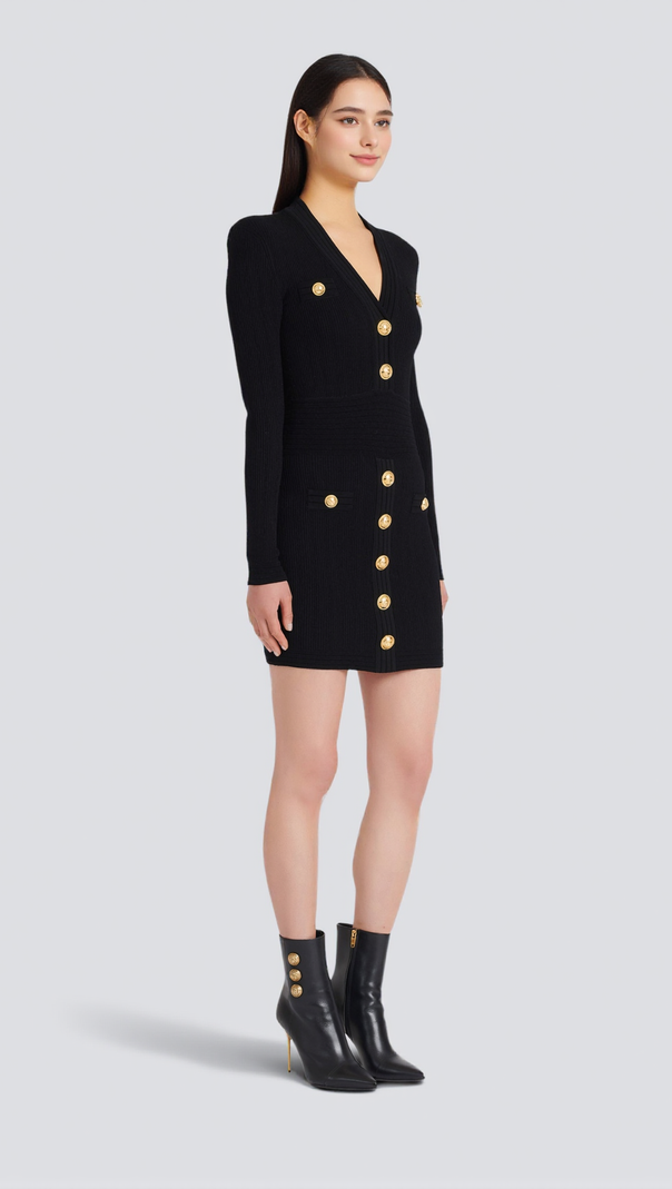 AIIZIE TARA BLACK SHORT KNITTED MINI DRESS WITH GOLD BUTTONS - product image