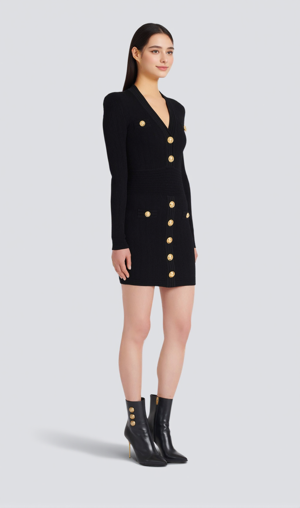 TARA SCHWARZES KURZES STRICK-MINIKLEID MIT GOLDENEN KNÖPFEN