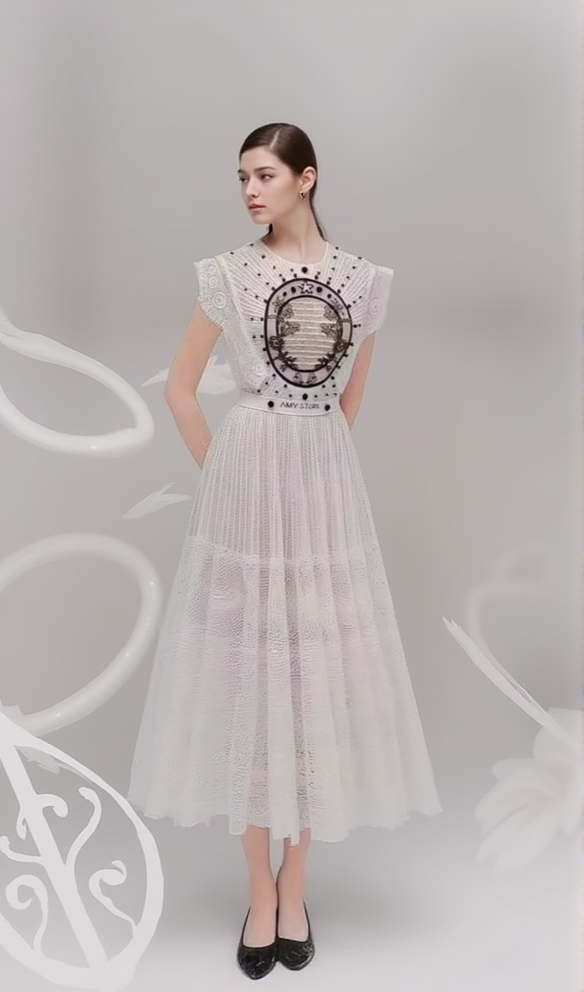 ABITO MIDI IN PIZZO RICAMO BIANCO