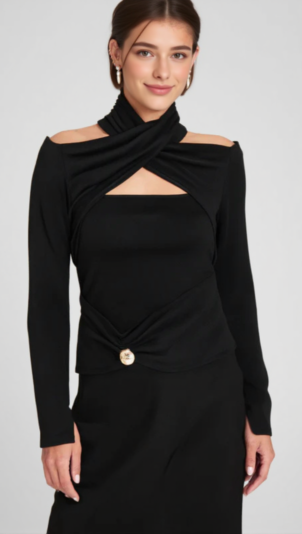 AIIZIE ODETTE BLACK RUCHED STRETCH-JERSEY TOP - product image