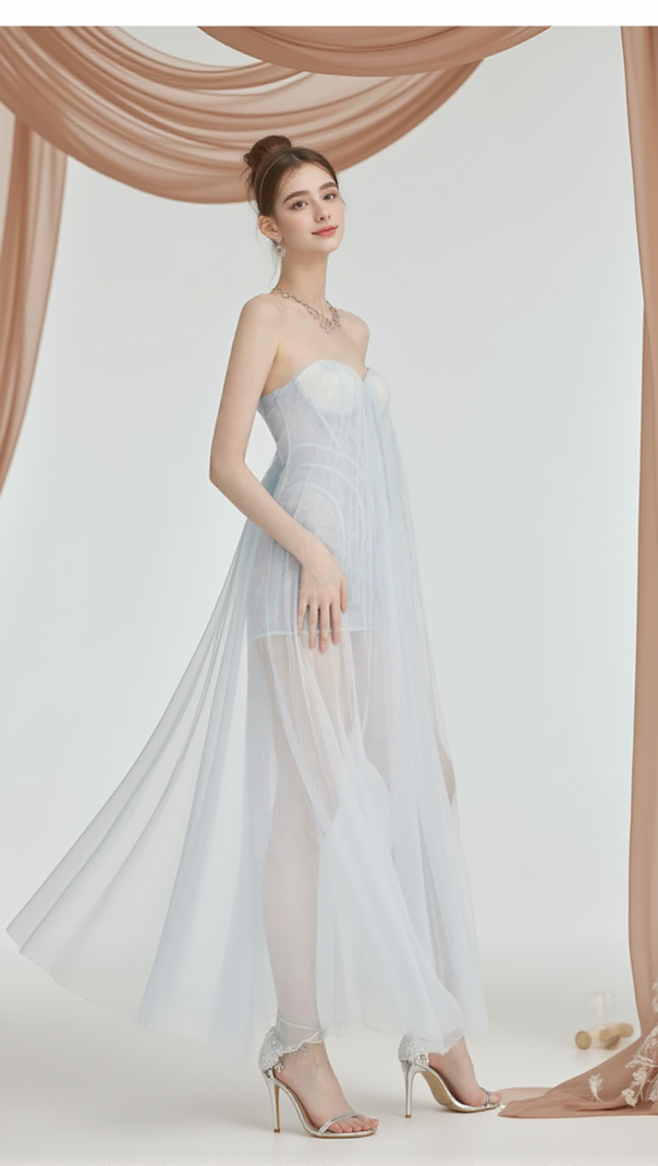 AIIZIE THEA STRAPLESS MESH BACKLESS MAXI DRESS IN LIGHT BLUE - product image