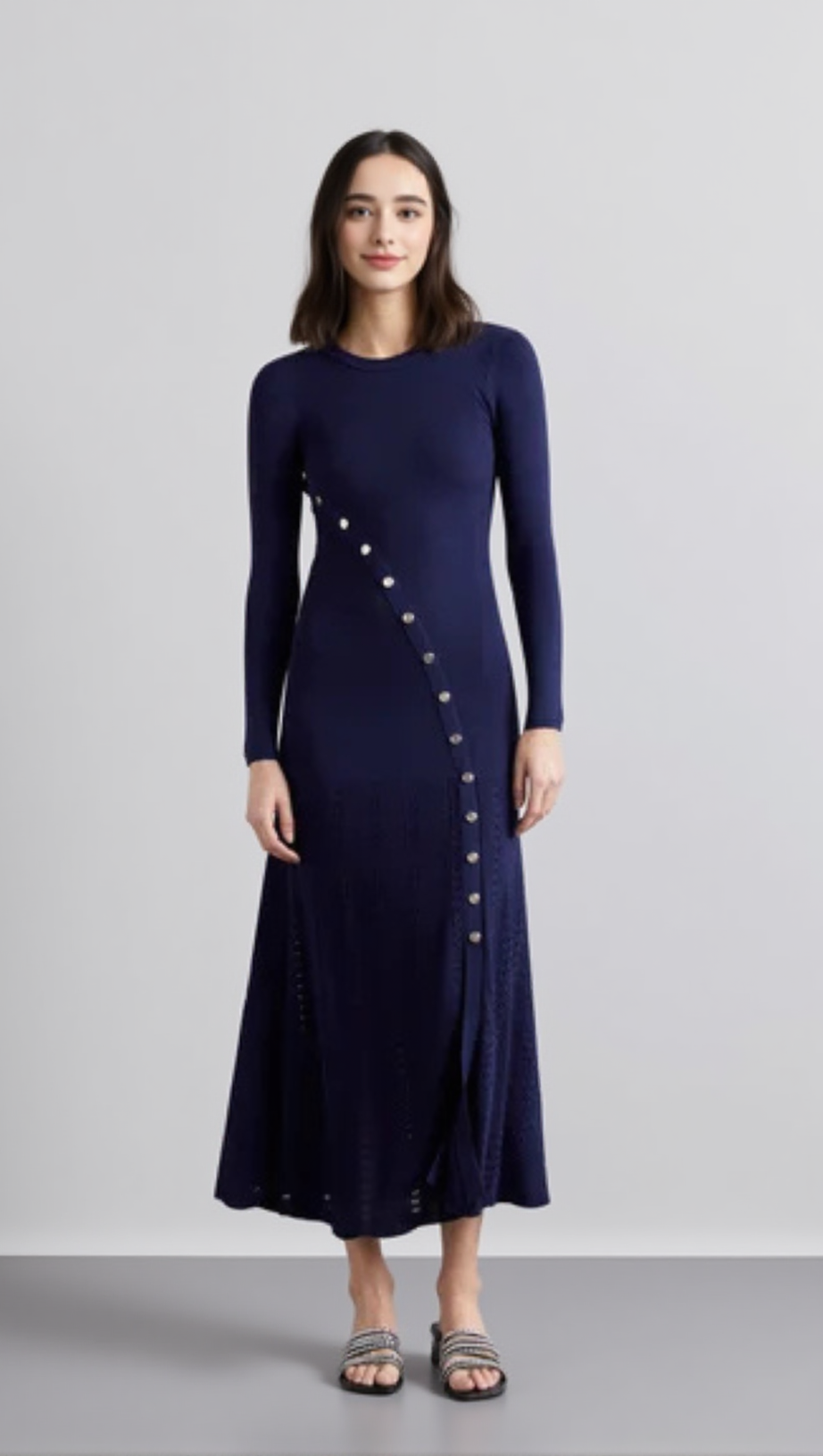 VIOLA RIBBED-KNIT MIDI DRESS IN NAVY BLUE