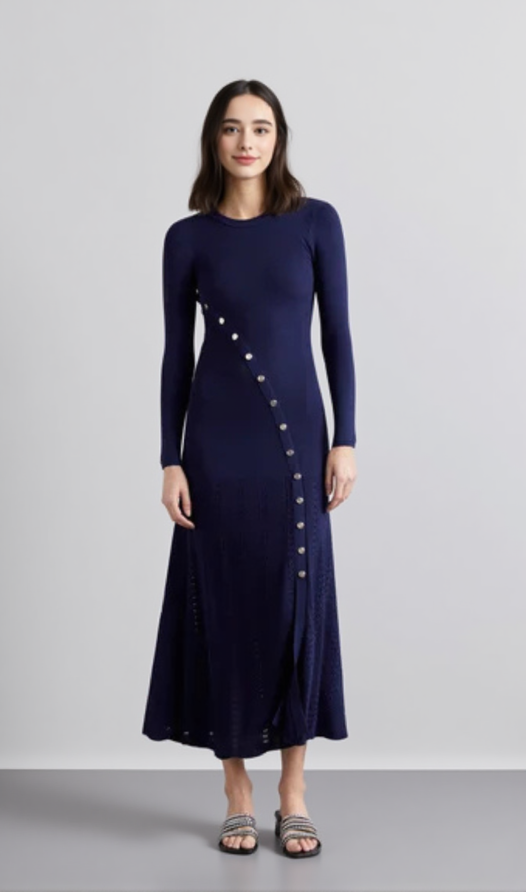 VIOLA RIBBED-KNIT MIDI DRESS IN NAVY BLUE