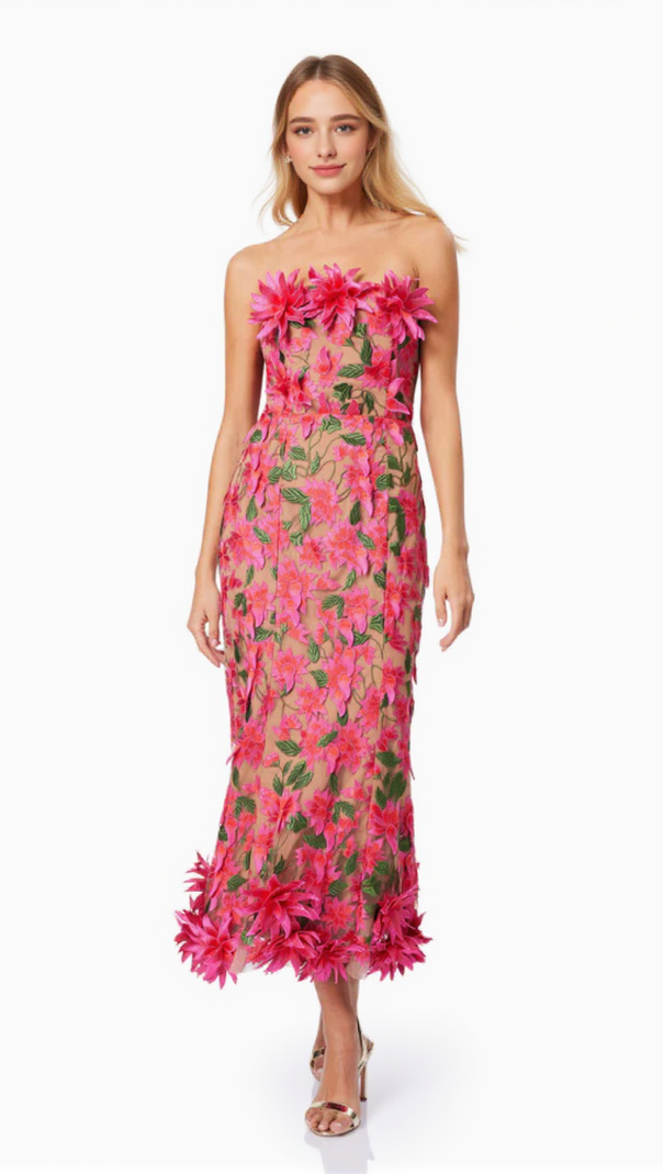 AIIZIE 3D FLOWER EMBROIDERY STRAPLESS MIDI DRESS IN ROSE RED - product image