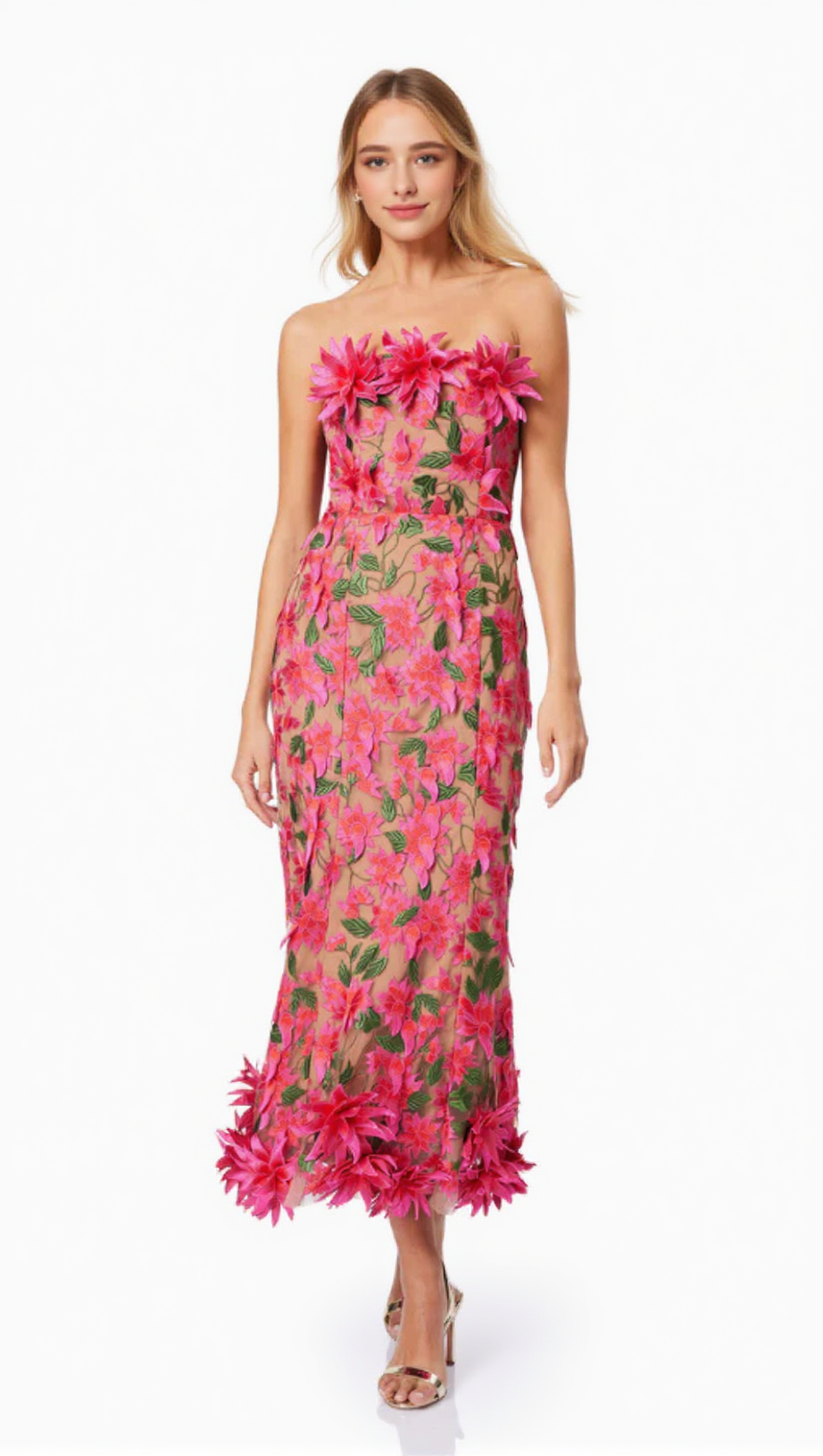 3D FLOWER EMBROIDERY STRAPLESS MIDI DRESS IN ROSE RED