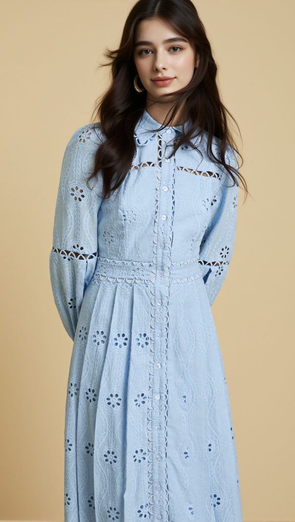 AIIZIE RETRO SINGLE-BREASTED HOLLOW LACE MIDI DRESS IN BLUE - product image
