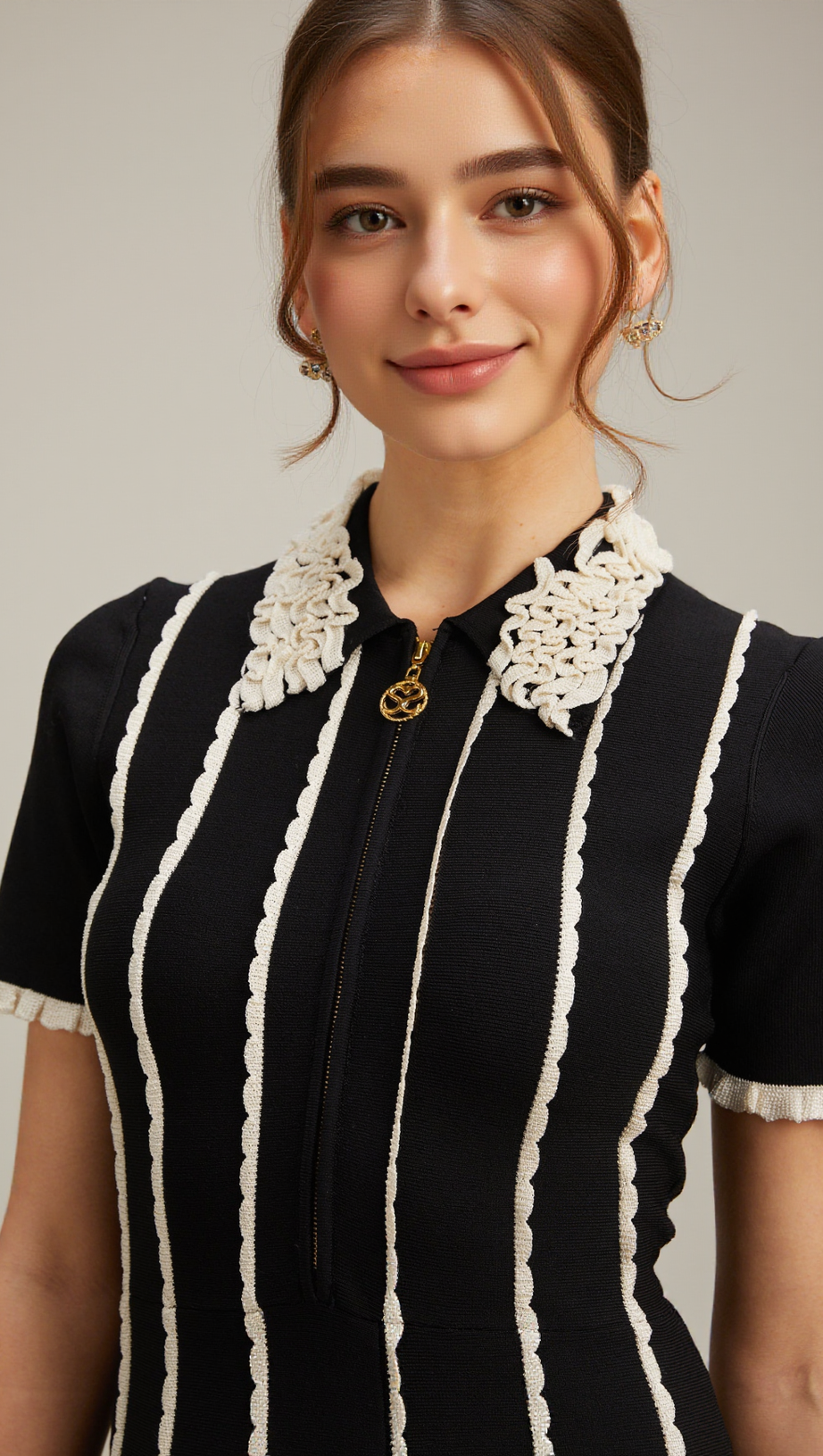 ZAZIE BLACK VERTICAL-STRIPED RUFFLE-TRIM KNIT MINI DRESS