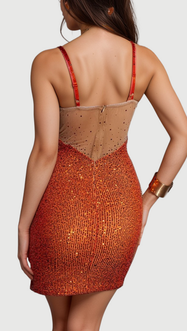 AIIZIE SOPHIA ORANGE SPAGHETTI SEQUIN MINI DRESS - product image