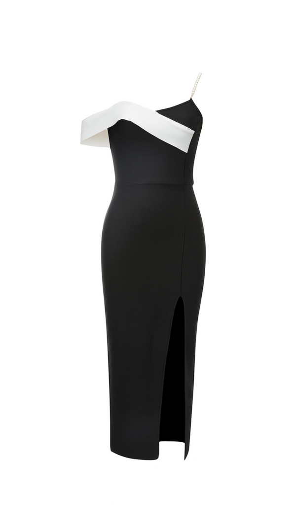 AIIZIE IRIS ONE SHOULDER PEARL STRAP MAXI DRESS IN BLACK - product image
