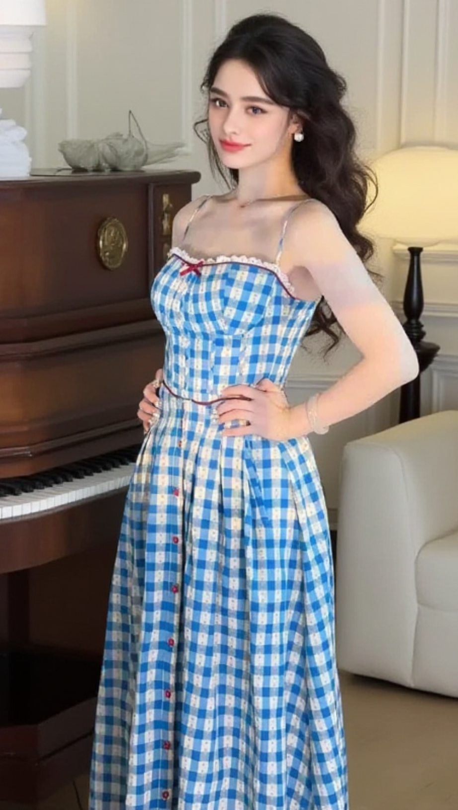 VIRGINIA PLAID STRAP MAXI DRESS IN BLUE