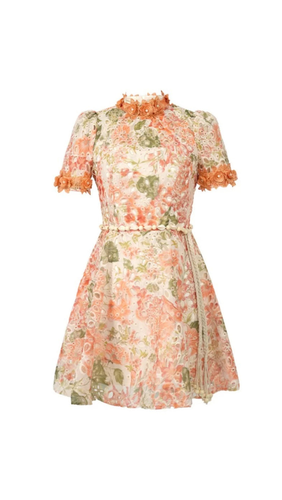 EMBROIDERED HOLLOW FLORAL PUFF SLEEVES MINI DRESS