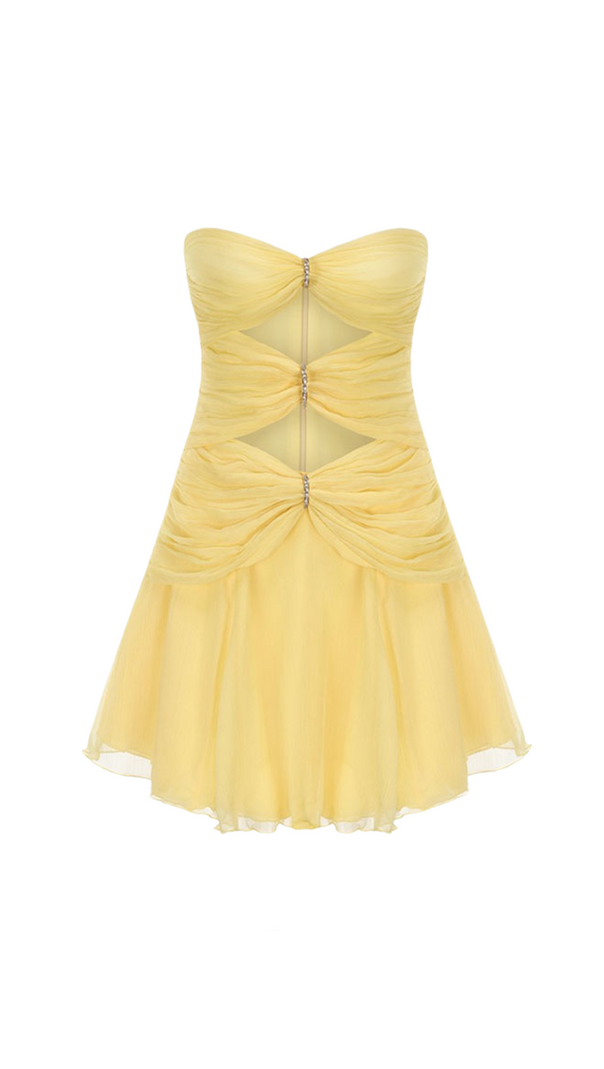 AIIZIE CUT-OUT PLEATED OFF-SHOULDER MINI DRESS IN YELLOW - product image