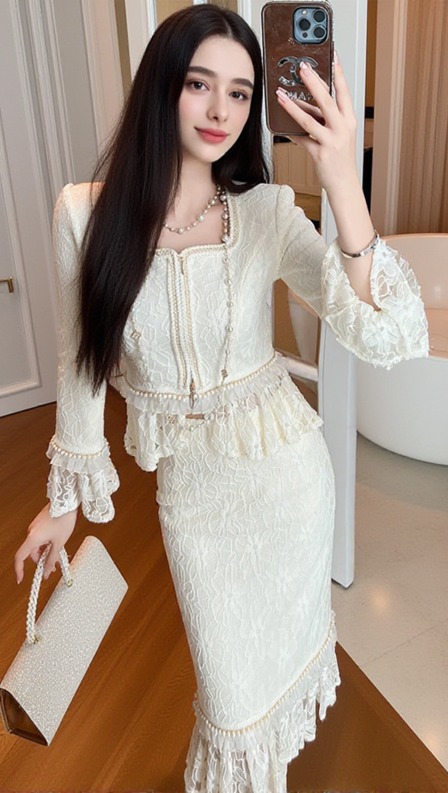 LACE TOP BODYCON SKIRT SUIT IN IVORY