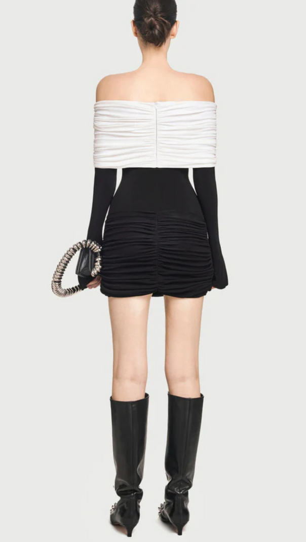 AIIZIE LEKEISHA OFF SHOULDER DRAPED MINI DRESS IN BLACK - product image