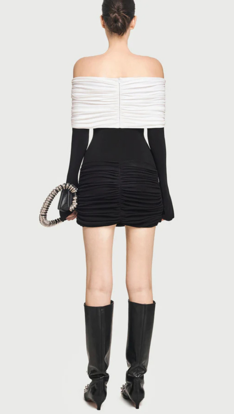 LEKEISHA OFF SHOULDER DRAPED MINI DRESS IN BLACK