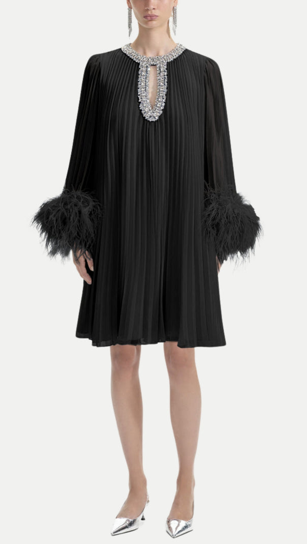 AIIZIE MANJA DIAMANTE CHIFFON FEATHER MINI DRESS - BLACK - product image