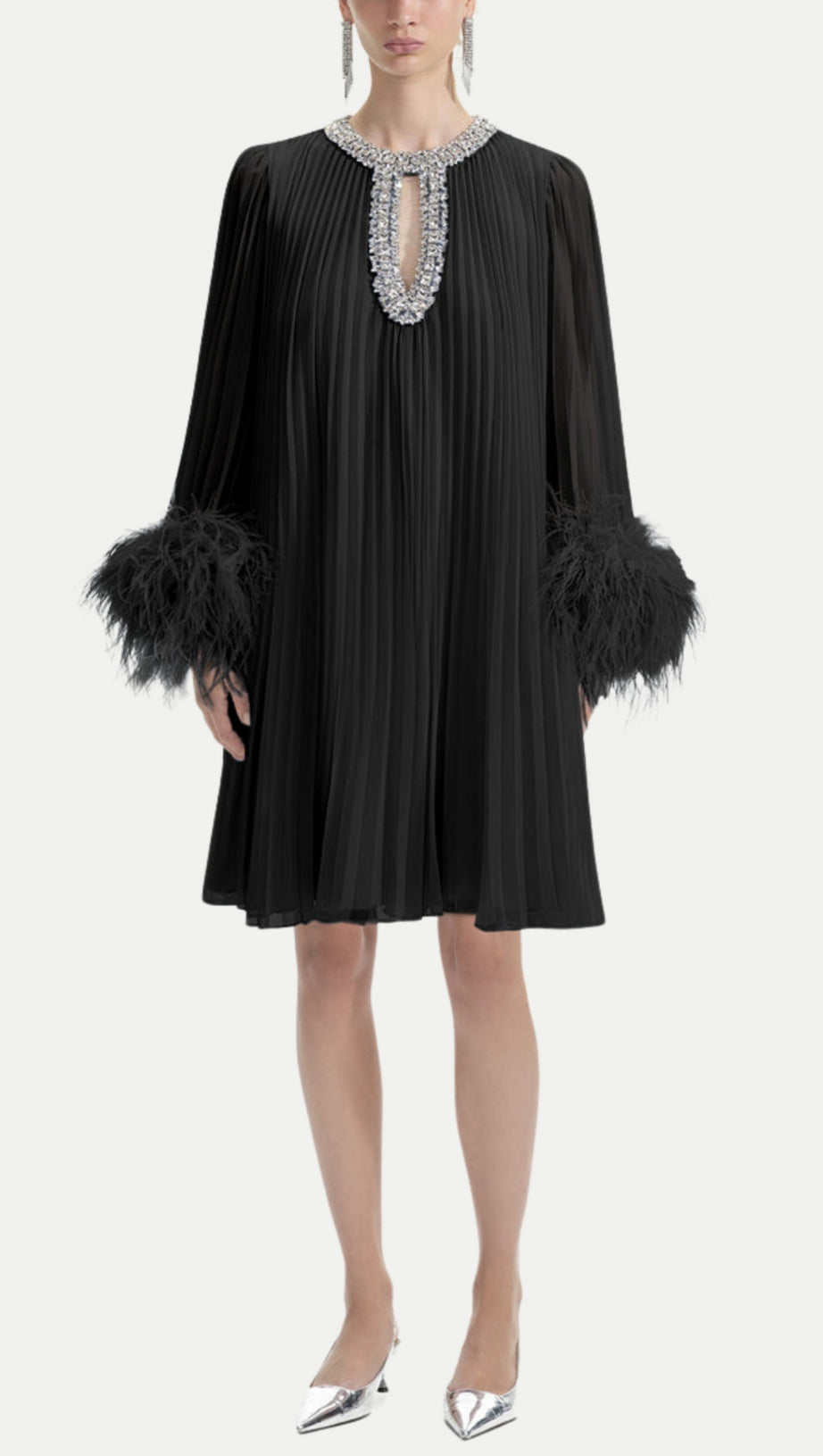 MANJA DIAMANTE CHIFFON FEATHER MINI DRESS - BLACK