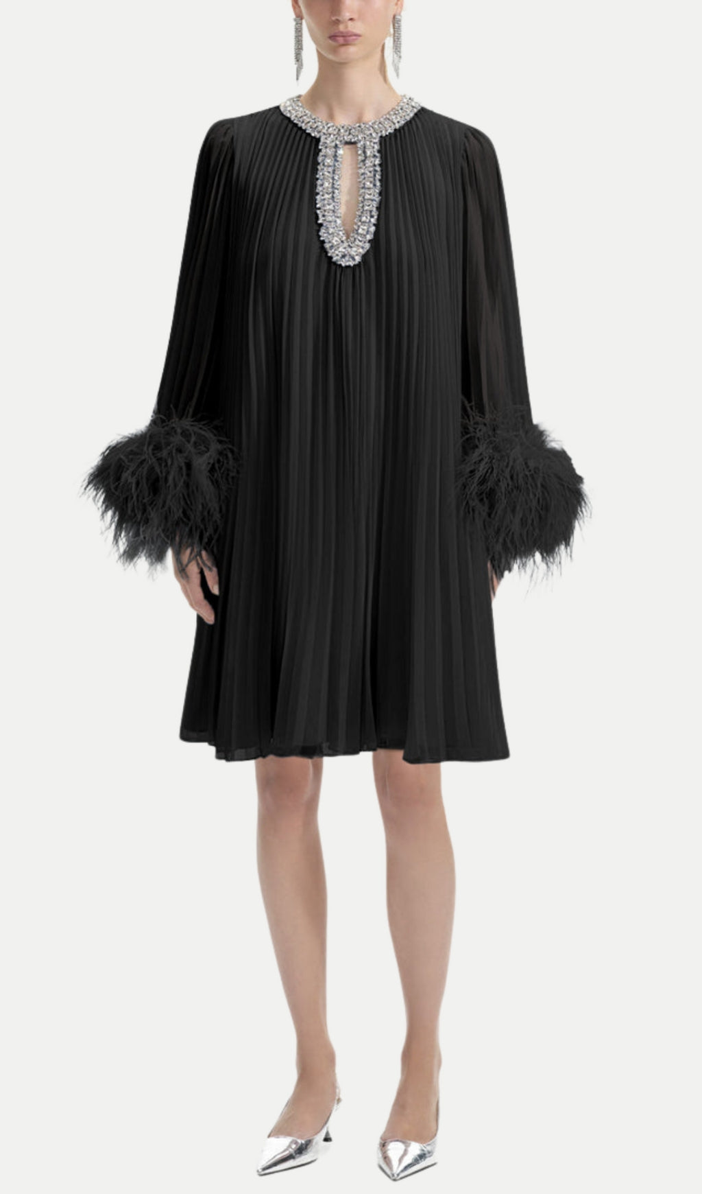 MANJA DIAMANTE CHIFFON FEATHER MINI DRESS - BLACK